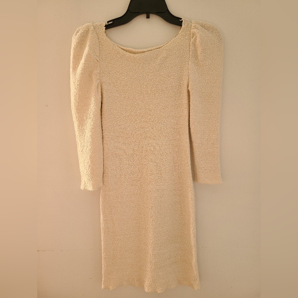 Indah Cashmere Cream Knee-Length Sheath Dress with Long Puff Sleeves
